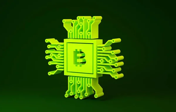 Yellow CPU mining farm icon isolated on green background. Bitcoin sign inside processor. Cryptocurrency mining community. Digital money. Minimalism concept. 3d illustration 3D render — 스톡 사진