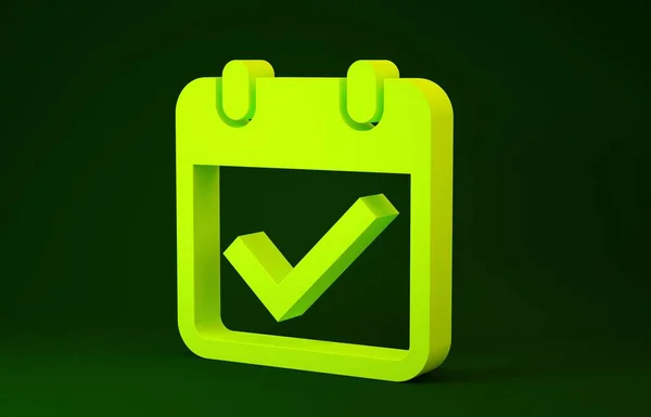 Yellow Calendar with check mark icon isolated on green background. Minimalism concept. 3d illustration 3D render