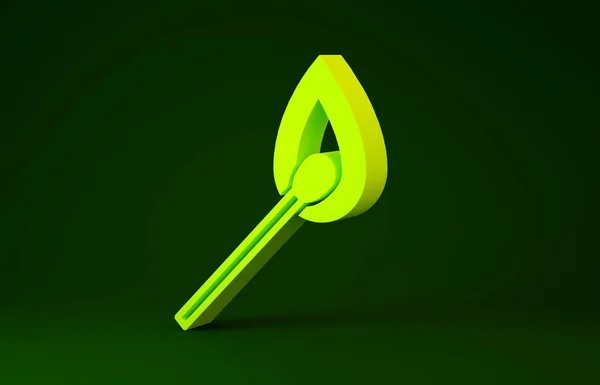 Gul Burning match med brand ikon isolerad på grön bakgrund. Matcha med eld. Tändsticksskylt. Minimalistiskt koncept. 3D-återgivning för 3D — Stockfoto