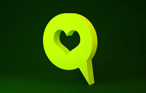 緑の背景に隔離された音声バブルアイコン内の黄色のハート。メッセージバブルでハート型。愛のサインだバレンタインデーのシンボル。最小限の概念。3Dイラスト3Dレンダリング — ストック写真