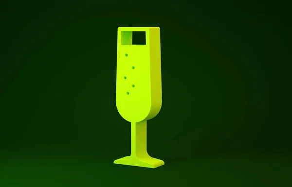 Gelbes Glas Champagner-Symbol isoliert auf grünem Hintergrund. Minimalismus-Konzept. 3D Illustration 3D Renderer — Stockfoto