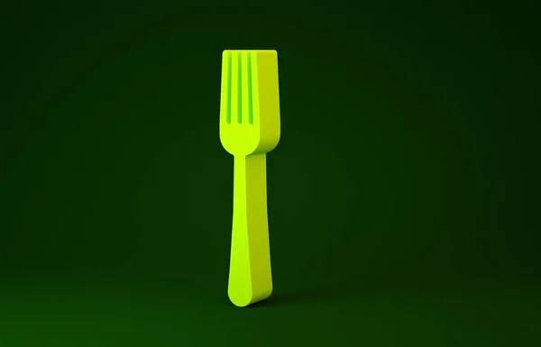 黄色叉子图标隔离在绿色背景上.餐具的象征。最低纲领的概念。3d说明3d — 图库照片