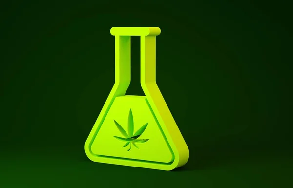 Tube à essai chimique jaune avec icône de marijuana ou de feuille de cannabis isolé sur fond vert. Concept de recherche. Laboratoire CBD concept d'huile. Concept de minimalisme. Illustration 3D rendu 3D — Photo