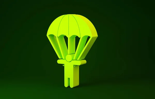 Yellow Parachute and silhouette person icon isolated on green background. Minimalism concept. 3d illustration 3D render — 스톡 사진