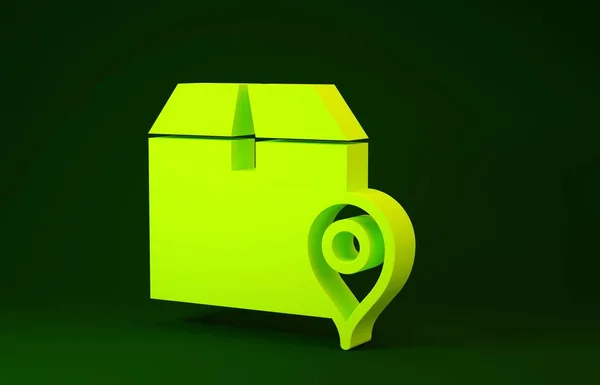 Posizione gialla con icona scatola di cartone isolato su sfondo verde. Servizi di consegna, logistica e trasporto, delocalizzazione, distribuzione. Concetto minimalista. Illustrazione 3d rendering 3D — Foto Stock