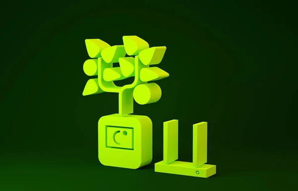 Żółta technologia inteligentnego rolnictwa - system automatyzacji gospodarstw rolnych w ikonie aplikacji na zielonym tle. Koncepcja minimalizmu. Ilustracja 3d — Zdjęcie stockowe