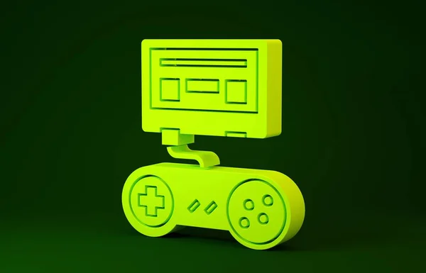 Sárga Videó játék konzol joystick ikon elszigetelt zöld alapon. Minimalizmus koncepció. 3d illusztráció 3d render — Stock Fotó