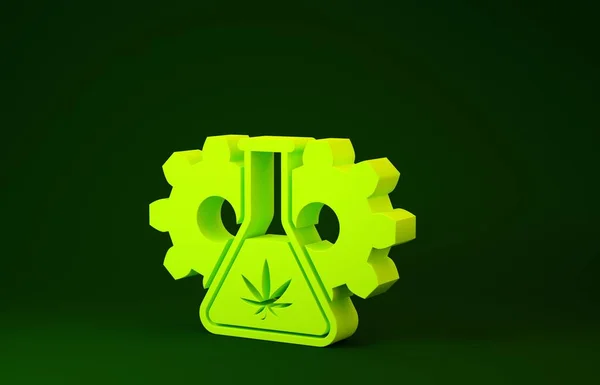 Sárga kémiai kémcső marihuána vagy cannabis levél ikon izolált zöld alapon. Kutatási koncepció. Laboratóriumi Cbd olaj koncepció. Minimalizmus koncepció. 3d illusztráció 3d render — Stock Fotó