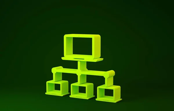Icono amarillo de la red informática aislado sobre fondo verde. Red de computadoras portátiles. Conexión a Internet. Concepto minimalista. 3D ilustración 3D render — Foto de Stock