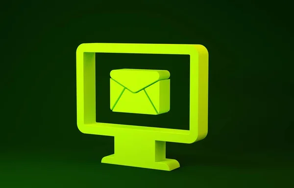 Monitor amarillo y sobre, nuevo mensaje, correo electrónico, icono de correo electrónico aislado sobre fondo verde. Uso para boletines de noticias del E-mail, cabeceras, entradas del blog. Concepto minimalista. 3D ilustración 3D render —  Fotos de Stock