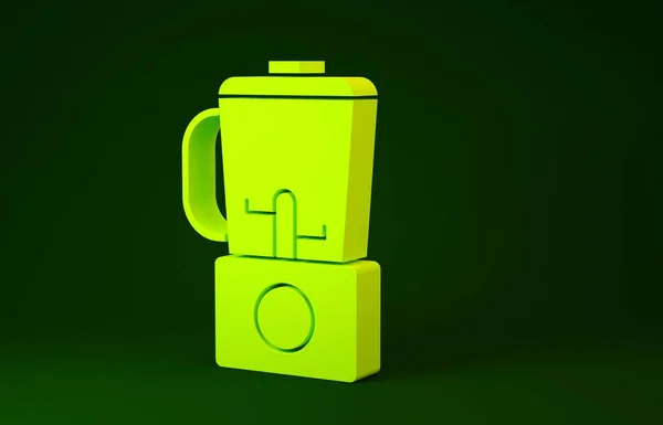 Icono de licuadora amarilla aislado sobre fondo verde. Cocina eléctrica licuadora estacionaria con tazón. Cocinar batidos, cócteles o jugos. Concepto minimalista. 3D ilustración 3D render — Foto de Stock
