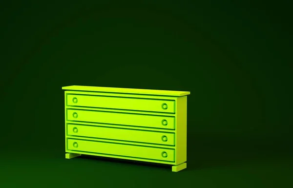Yellow Chest of drawers icon isolated on green background. Minimalism concept. 3d illustration 3D render