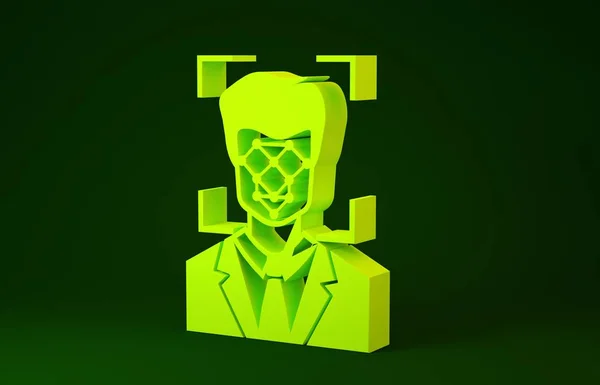 Yellow Face recognition icon isolated on green background. Face identification scanner icon. Facial id. Cyber security concept. Minimalism concept. 3d illustration 3D render