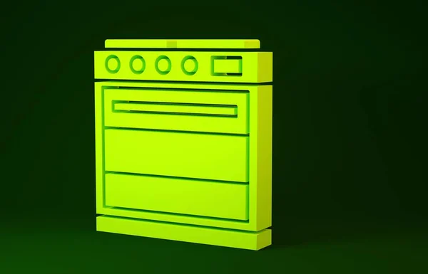 Ícone de forno amarelo isolado no fundo verde. Fogão sinal forno a gás. Conceito de minimalismo. 3D ilustração 3D render — Fotografia de Stock