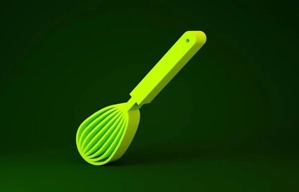 Žlutá kuchyně whisk ikona izolované na zeleném pozadí. Nádobí na vaření, šlehač vajec. Znamení příboru. Symbol směsi jídla. Minimalismus. 3D ilustrace 3D vykreslení — Stock fotografie