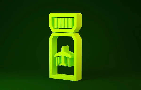 Gelbes Symbol für Flugtickets isoliert auf grünem Hintergrund. Flugticket. Minimalismus-Konzept. 3D Illustration 3D Renderer — Stockfoto