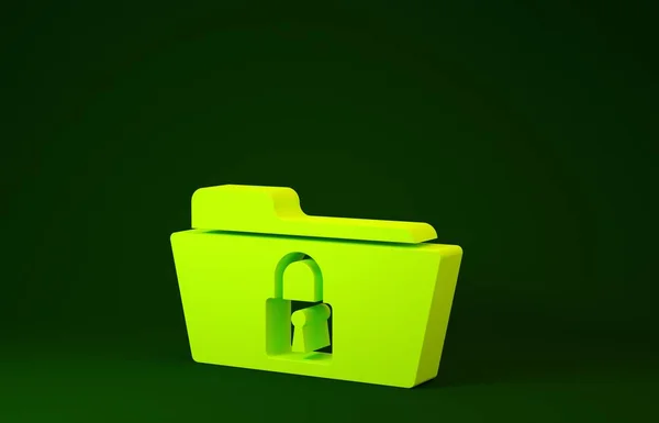 Carpeta amarilla e icono de bloqueo aislados sobre fondo verde. Carpeta cerrada y candado. Seguridad, seguridad, concepto de protección. Concepto minimalista. 3D ilustración 3D render —  Fotos de Stock