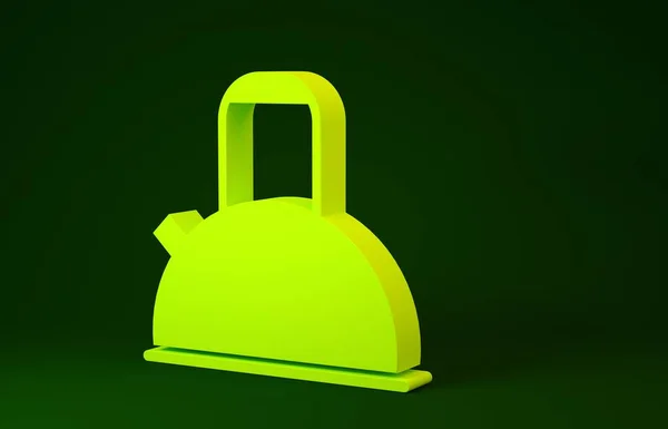 Hervidor amarillo con icono de mango aislado sobre fondo verde. Icono de tetera. Concepto minimalista. 3D ilustración 3D render — Foto de Stock