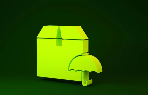 Yellow Delivery package with umbrella symbol icon isolated on green background. Parcel cardboard box with umbrella sign. Logistic and delivery. Minimalism concept. 3d illustration 3D render