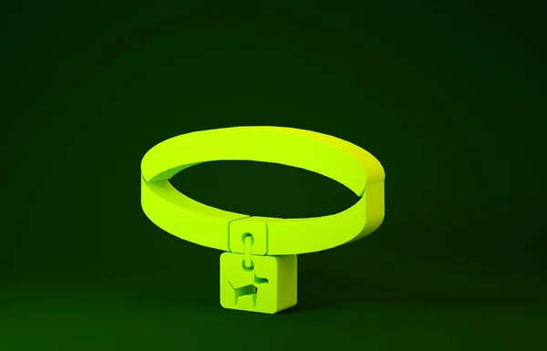 Collar de perro amarillo con icono de etiqueta de nombre aislado sobre fondo verde. Suministros simples para animales domésticos. Cuidado de gatos y perros. Cadenas para perros. Concepto minimalista. 3D ilustración 3D render —  Fotos de Stock