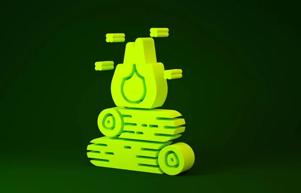 Yellow Campfire icon isolated on green background. Burning bonfire with wood. Minimalism concept. 3d illustration 3D render — Stock Photo, Image