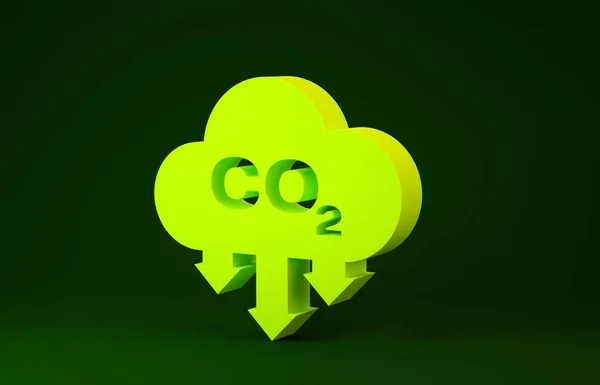 Žluté emise CO 2 v ikoně cloud izolované na zeleném pozadí. Symbol vzorce oxidu uhličitého, koncepce znečištění smogem, koncepce životního prostředí. Minimalismus. 3D ilustrace 3D vykreslení — Stock fotografie