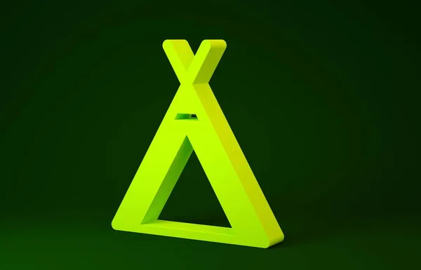 ไอคอนเต็นท์ท่องเที่ยวสีเหลืองแยกจากพื้นหลังสีเขียว สัญลักษณ์ตั้งแคมป์ แนวคิดขั้นต่ํา ภาพ 3D 3D — ภาพถ่ายสต็อก
