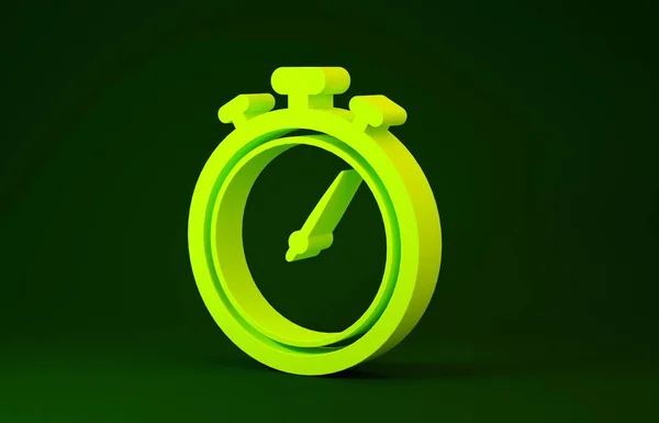 Желтый значок секундомера выделен на зеленом фоне. Знак таймера. Знак хронометра. Концепция минимализма. 3D-рендеринг — стоковое фото