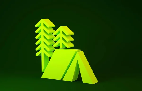 Ícone da barraca turística amarela isolado no fundo verde. Símbolo de acampamento. Conceito de minimalismo. 3D ilustração 3D render — Fotografia de Stock