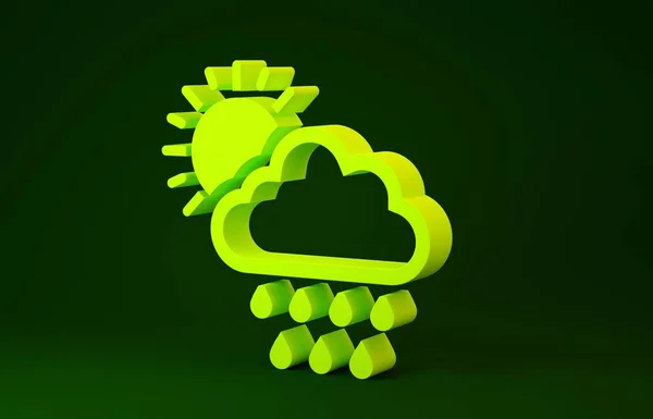 Yellow Cloud with rain and sun icon isolated on green background. Rain cloud precipitation with rain drops. Minimalism concept. 3d illustration 3D render — 스톡 사진