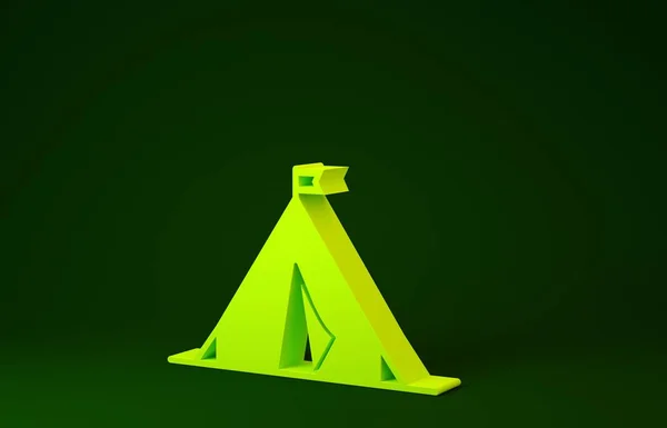緑の背景に隔離されたフラグアイコンと黄色の観光テント。キャンプのシンボル。最小限の概念。3Dイラスト3Dレンダリング — ストック写真