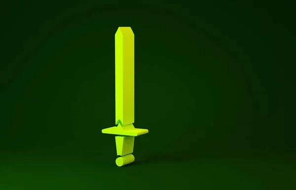 Yellow Medieval sword icon isolated on green background. Medieval weapon. Minimalism concept. 3d illustration 3D render