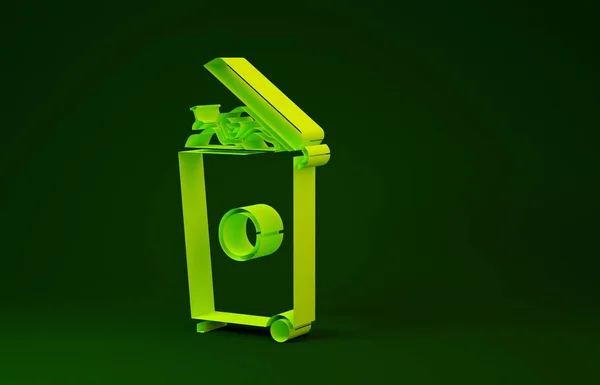 黄色のゴミ箱アイコンは緑色の背景に隔離できます。ゴミのゴミ箱の看板。リサイクルバスケットのアイコン。オフィスのゴミアイコン。最小限の概念。3Dイラスト3Dレンダリング — ストック写真