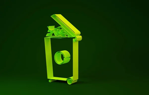 Cestino giallo può icona isolata su sfondo verde. Segnaletica della spazzatura. Cestino icona. Icona della spazzatura in ufficio. Concetto minimalista. Illustrazione 3d rendering 3D — Foto Stock