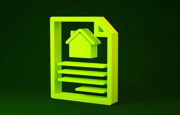 Yellow House contract icon isolated on green background. Contract creation service, document formation, application form composition. Minimalism concept. 3d illustration 3D render