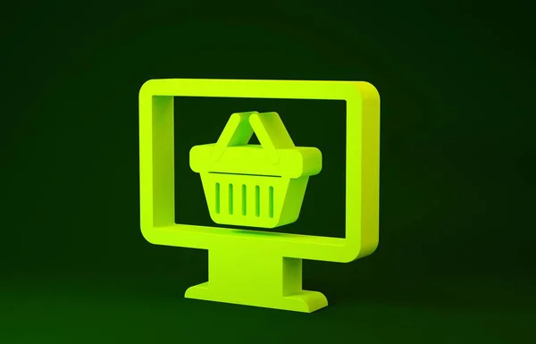 緑の背景に隔離されたショッピングバスケットアイコンと黄色のコンピュータモニタ。オンラインショッピングカート。スーパーマーケットバスケットのシンボル。最小限の概念。3Dイラスト3Dレンダリング — ストック写真