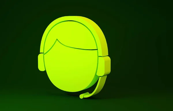 Yellow Man with a headset icon isolated on green background. Support operator in touch. Concept for call center, client support service. Minimalism concept. 3d illustration 3D render — Stockfoto