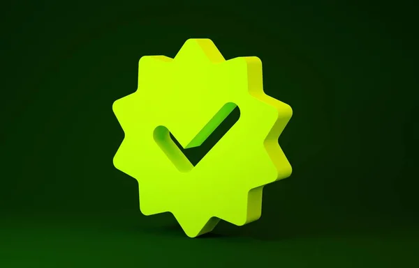 Yellow Approved or certified medal with ribbons and check mark icon isolated on green background. Minimalism concept. 3d illustration 3D render — 스톡 사진