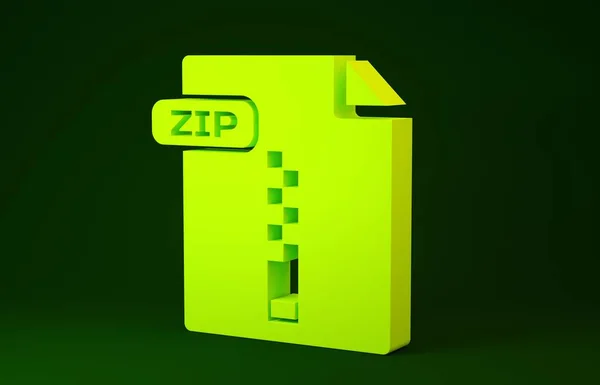Gelbes Zip-Dokument. herunterladen Zip-Taste Symbol isoliert auf grünem Hintergrund. Zip-Dateisymbol. Minimalismus-Konzept. 3D Illustration 3D Renderer — Stockfoto
