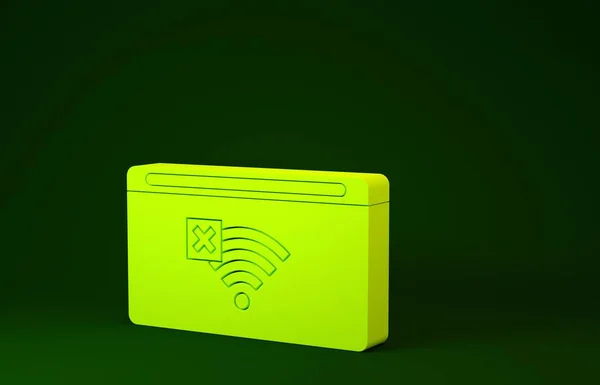 Yellow No Internet connection icon isolated on green background. No wireless wifi or sign for remote internet access. Minimalism concept. 3d illustration 3D render — Stok fotoğraf