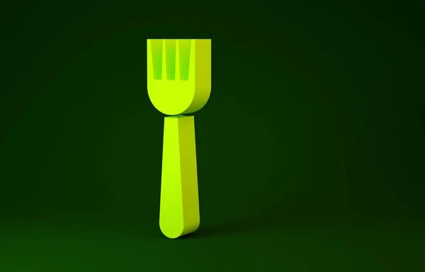 Żółty Jednorazowy plastikowy widelec ikona izolowane na zielonym tle. Koncepcja minimalizmu. Ilustracja 3d — Zdjęcie stockowe