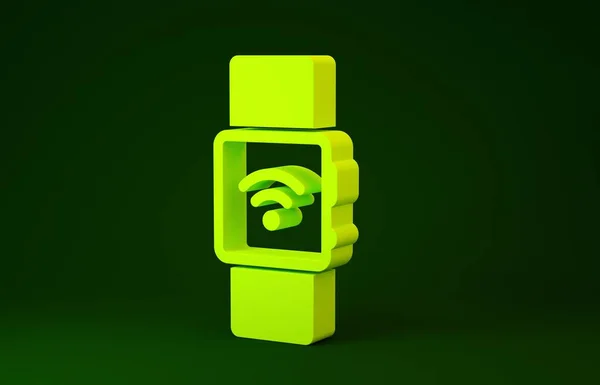 Yellow Smartwatch with wireless symbol icon isolated on green background. Minimalism concept. 3d illustration 3D render — 스톡 사진