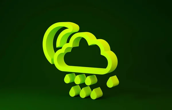 Žlutý mrak s ikonou deště a měsíce izolované na zeleném pozadí. Déšť mraky srážek s kapkami deště. Minimalismus. 3D ilustrace 3D vykreslení — Stock fotografie