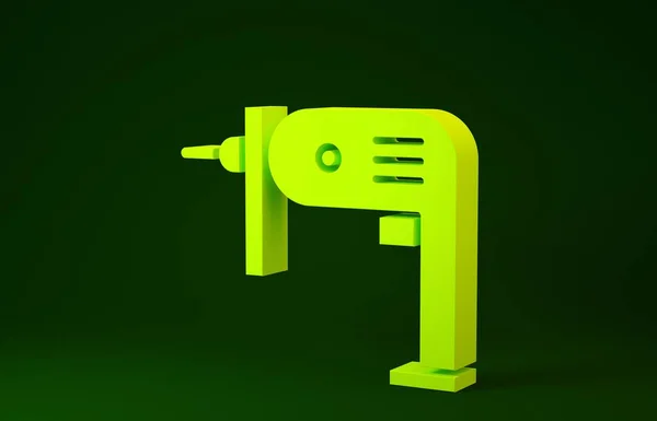 Sárga Elektromos fúrógép ikon elszigetelt zöld alapon. Szerszámszerszám. Minimalizmus koncepció. 3d illusztráció 3d render — Stock Fotó