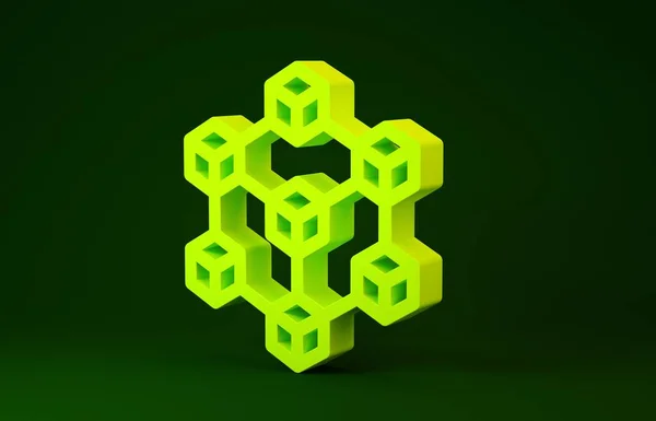 Иконка желтой цепной технологии выделена на зеленом фоне. Данные по криптовалюте. Абстрактная геометрическая цепочка сетевых технологий. Концепция минимализма. 3D-рендеринг — стоковое фото