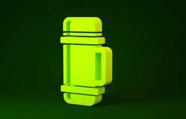 黄色的热水瓶图标隔离在绿色背景上.热水瓶图标。露营和远足装备。最低纲领的概念。3D渲染3D插图 — 图库照片