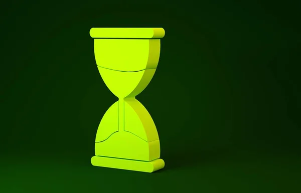 Jaune Vieux sablier avec icône de sable coulant isolé sur fond vert. Sable horloge signe. Concept de gestion des affaires et du temps. Concept de minimalisme. Illustration 3D rendu 3D — Photo