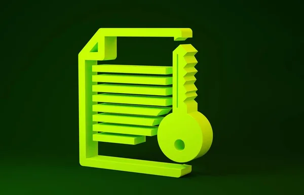 Icono de contrato Yellow Smart aislado sobre fondo verde. Tecnología de cadena de bloques, minería criptomoneda, bitcoin, altcoins, mercado de dinero digital. Concepto minimalista. 3D ilustración 3D render — Foto de Stock