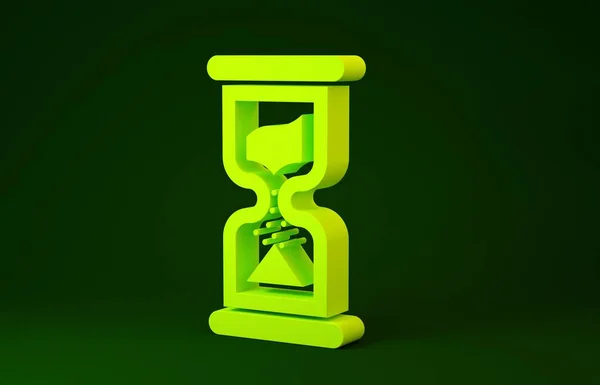 นาฬิกาทรายสีเหลืองเก่าที่มีไอคอนทรายไหลแยกจากพื้นหลังสีเขียว ป้ายนาฬิกาทราย แนวคิดการจัดการธุรกิจและเวลา แนวคิดขั้นต่ํา ภาพ 3D 3D — ภาพถ่ายสต็อก