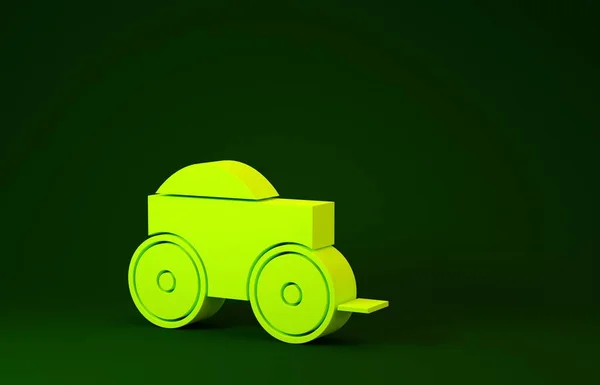 Yellow Wooden four-wheel cart with hay icon isolated on green background. Minimalism concept. 3d illustration 3D render